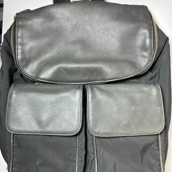 JOHNNY FARAH Black Leather/Nylon Backpack with Gold metal Hardware - Picture 8 of 12